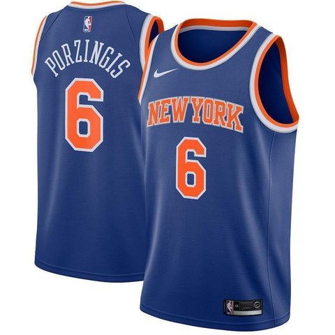 6-Kristaps Porzingis New York Knicks Swingman Sponsor Patch Jersey Royal - Icon Edition
